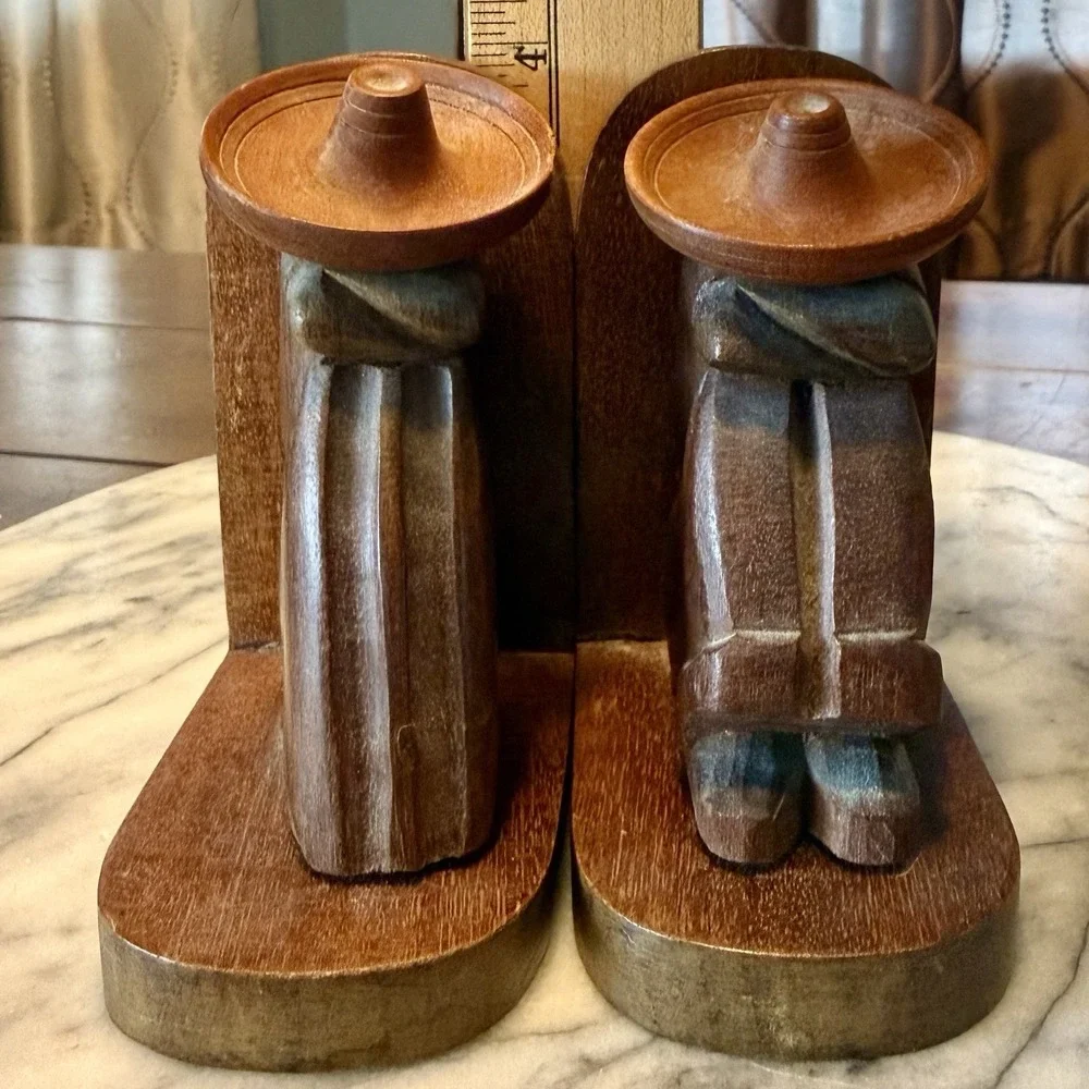 VTG 50s 60s MCM Wood Wooden Mexican Sombrero Male Female 4" Bookends Mexico - Picture 8 of 8